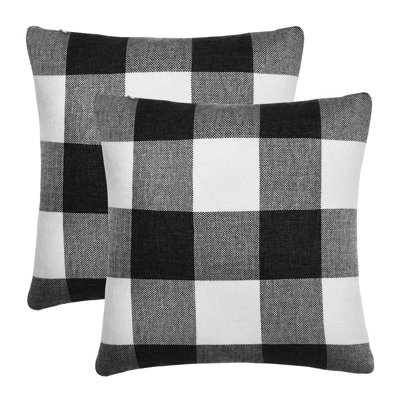Tosewever Set of 2 Buffalo Check Plaid Pillow Covers  Farmhouse Rustic Pillow Cases  Cotton Linen Throw Pillow Covers Cushion Case for Home Decor Car Bed Sofa Couch (16"" x 16""  2 Pack Black & White) - Image 1